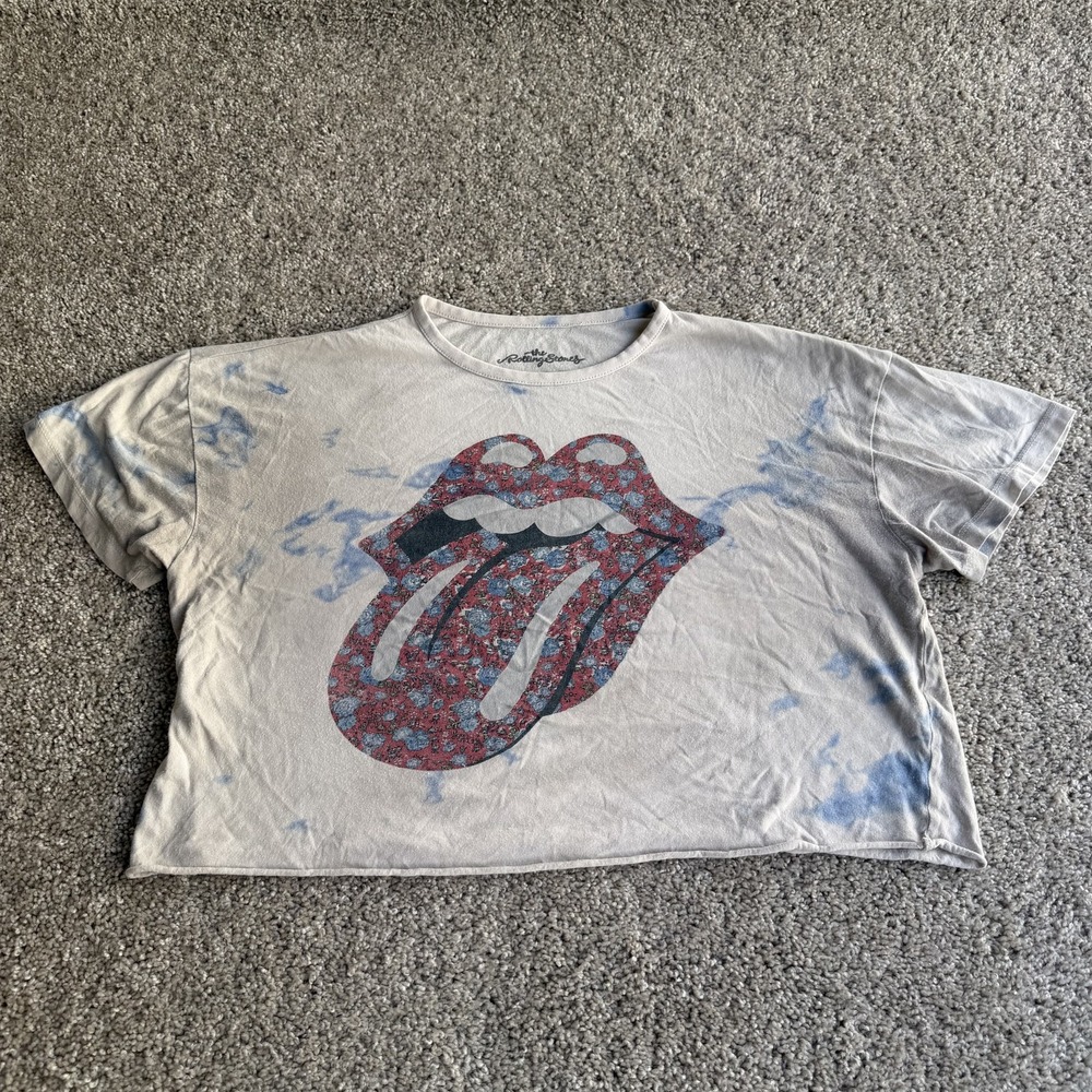 The Rolling Stones Shirt Womens L Beige Cropped Tie Dye Graphic Band Tee Top